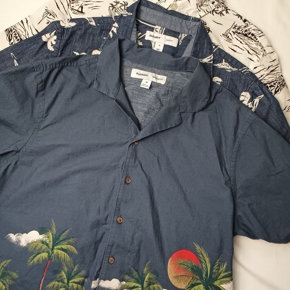 Bundle of 3 Mens Button Up 100% Cotton Hawaiian Shirts Size M  Blue White
